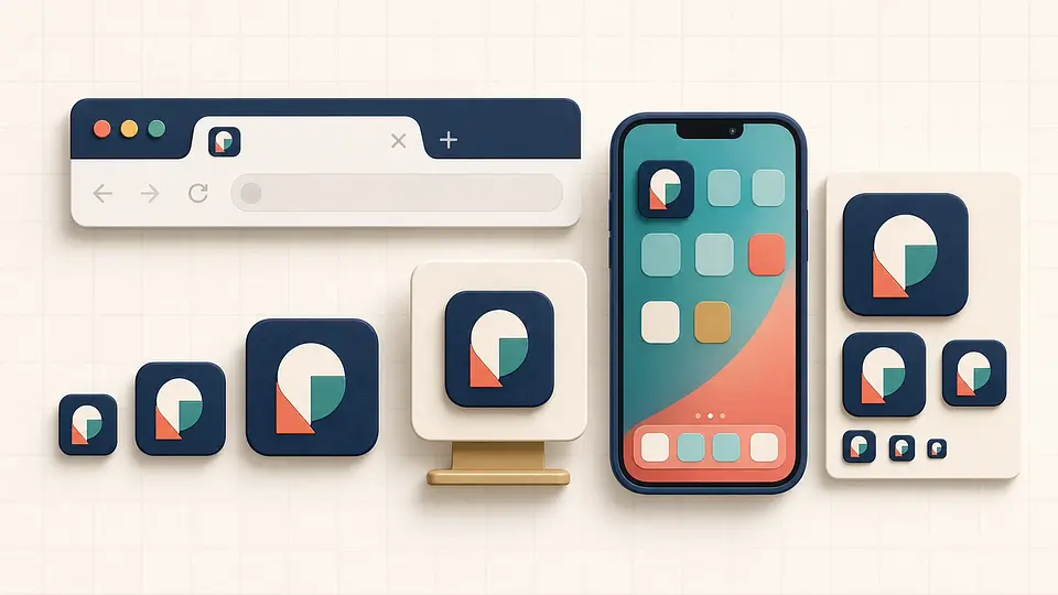 A matching geometric app icon shown in a browser tab, on a phone home screen, and at several desktop icon sizes