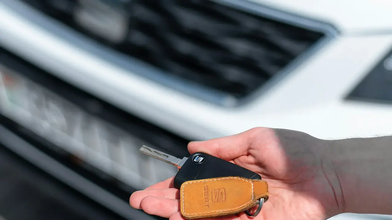 A person holding a car key beside a vehicle